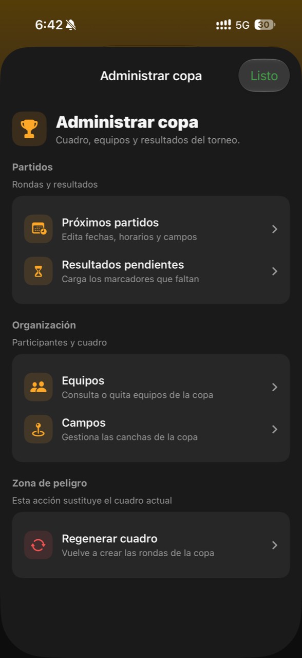 Panel para administrar una copa en Onzio