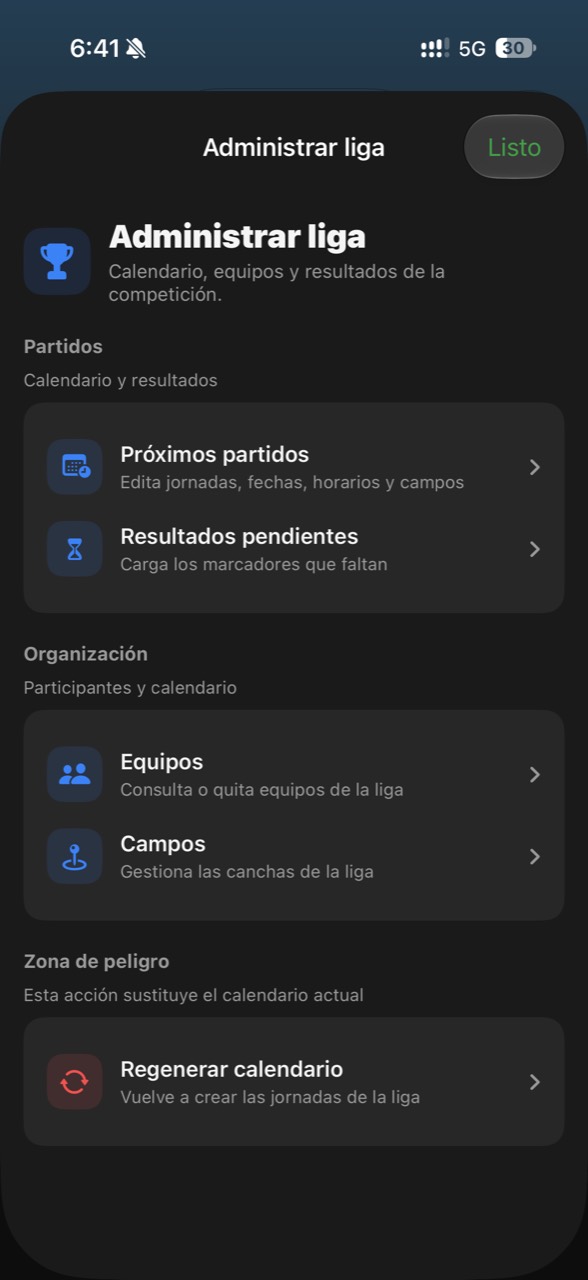 Panel para administrar una liga en Onzio