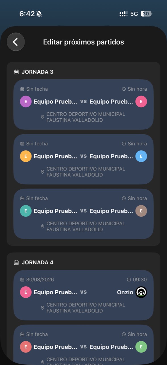 Calendario de partidos de una liga en Onzio