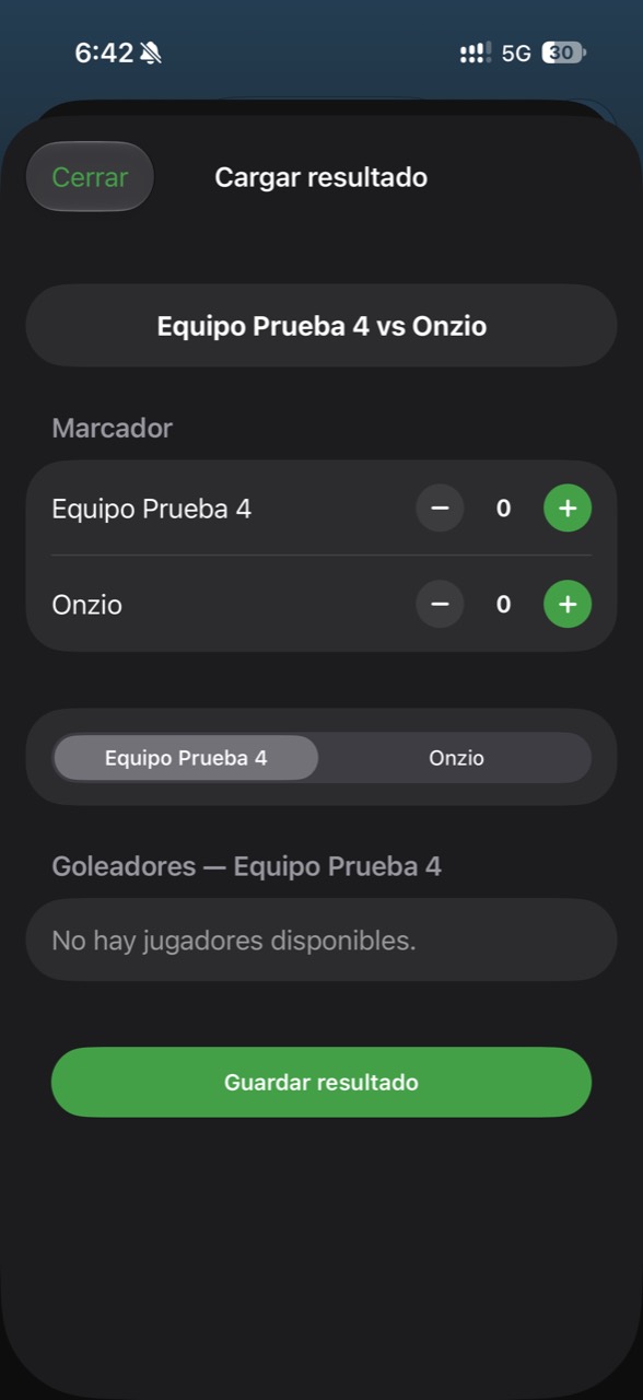 Carga de resultado de una liga en Onzio