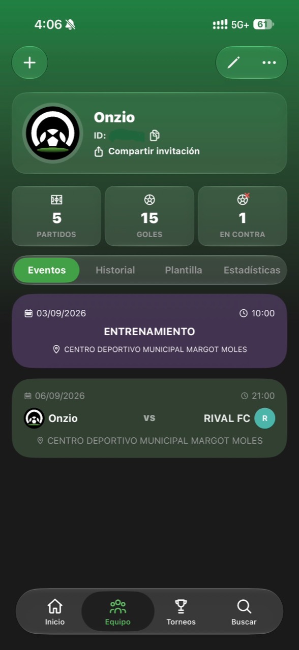 Pantalla de equipo de Onzio