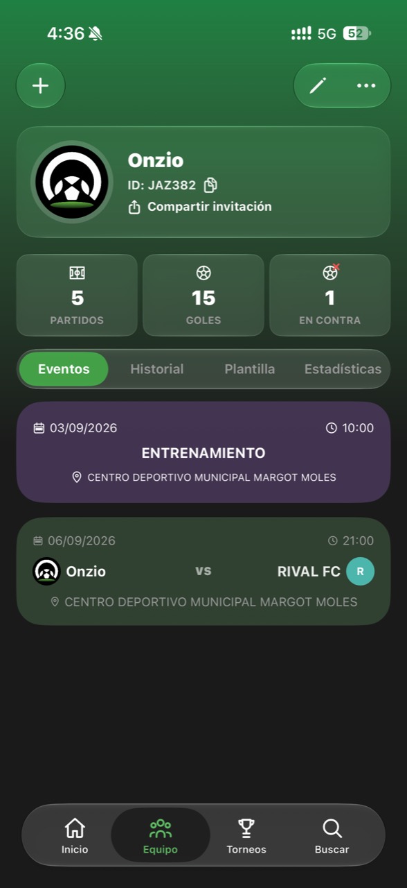 Pantalla de equipo con el botón más de Onzio