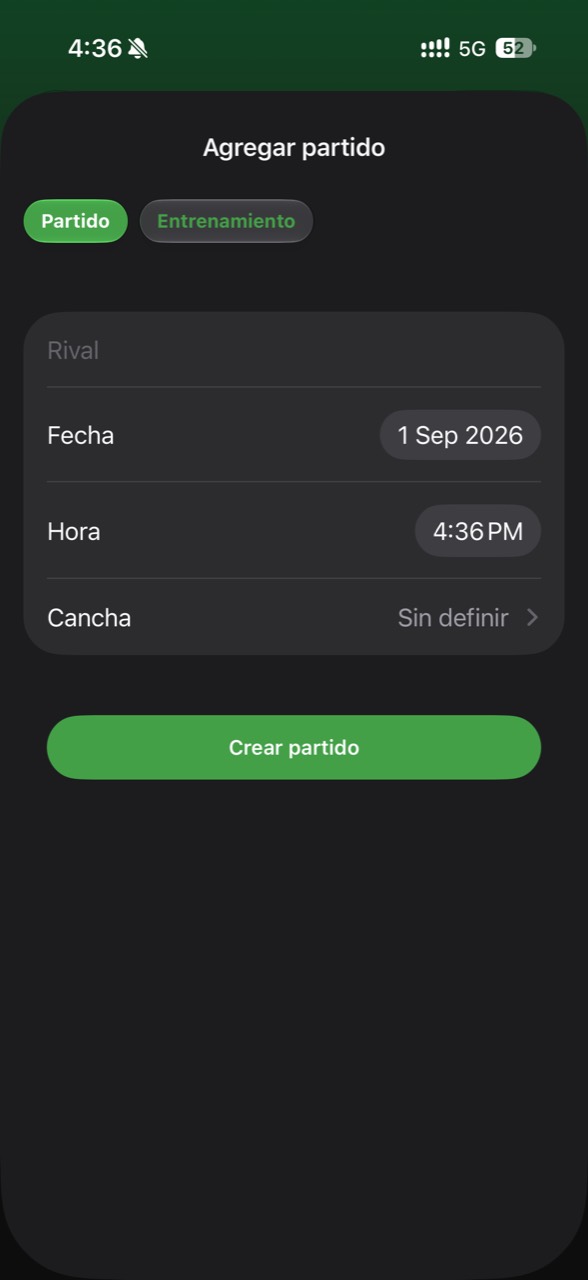 Formulario para añadir un partido en Onzio