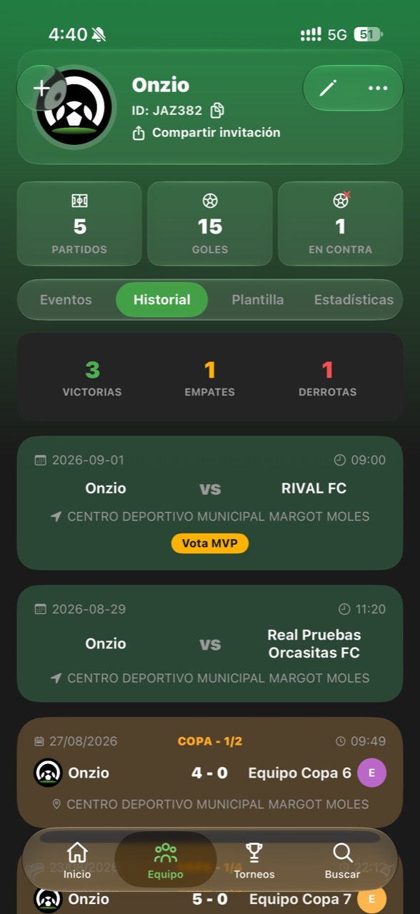 Historial de partidos de Onzio con la opción para cargar el resultado