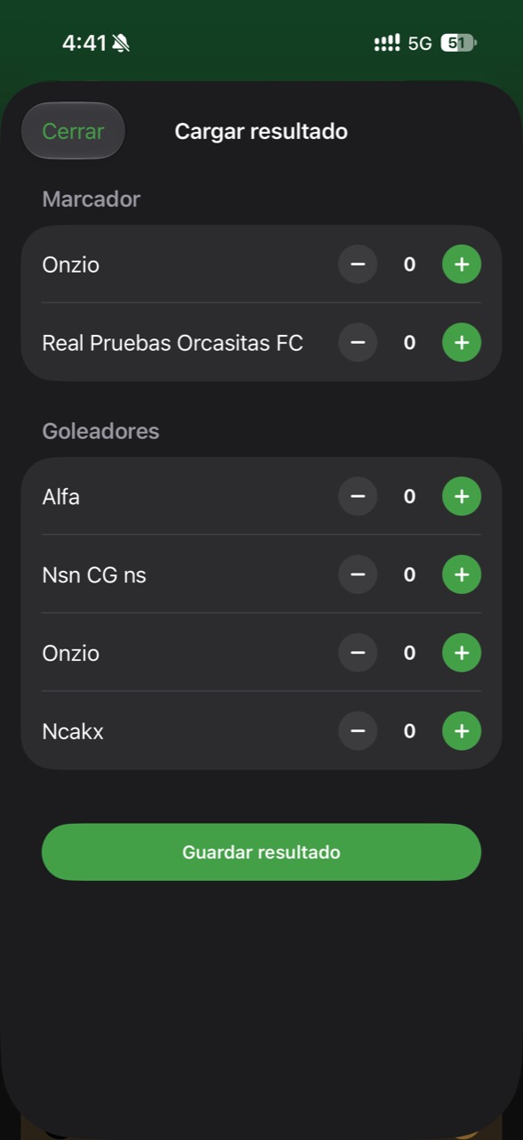 Pantalla para cargar el marcador y los goleadores en Onzio