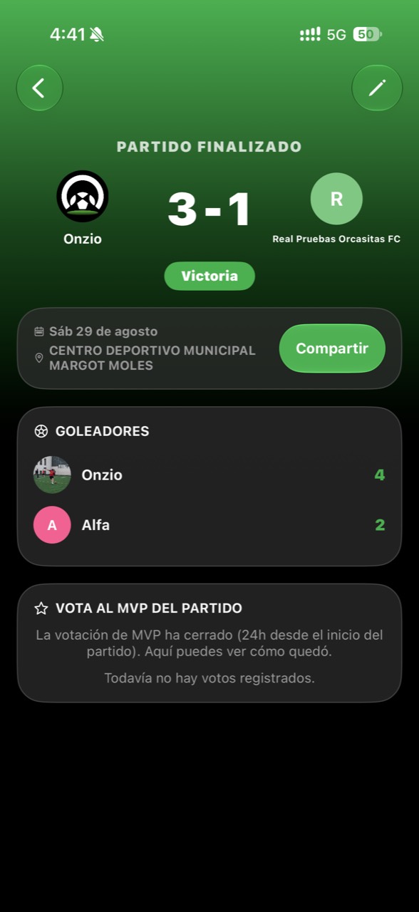 Resultado finalizado con goleadores en Onzio