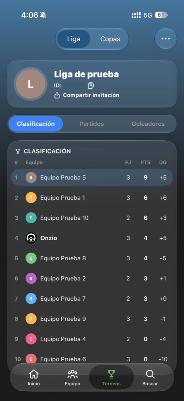 Pantalla de clasificación de liga de Onzio