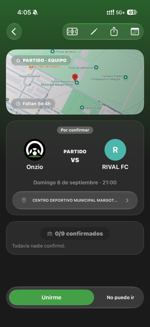 Pantalla de detalle de partido de Onzio